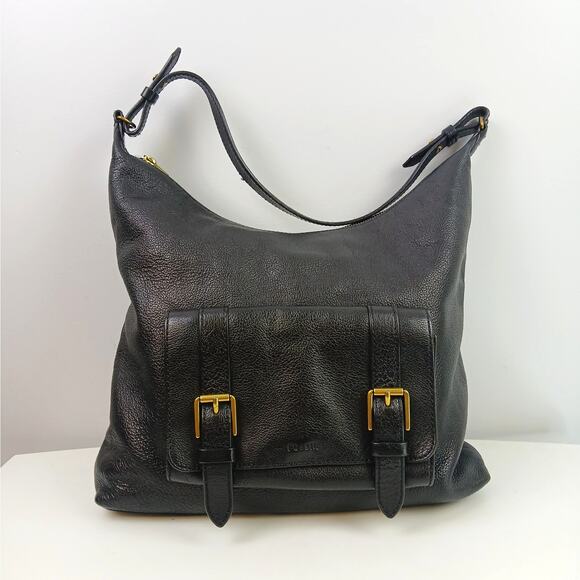 Fossil Cleo Large 1 Strap Hobo Shoulder Bag In Soft Black Leather Gold Hardware